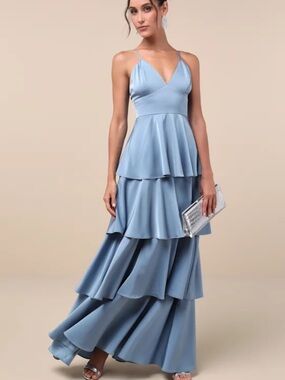 Lulu's Going with Elegance Slate Blue Satin Tiered Gown / Maxi Dress